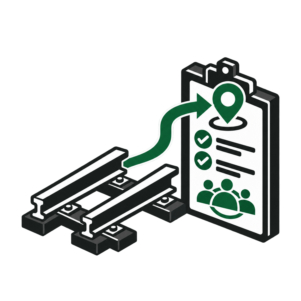 Railway track leading to a clipboard with a location marker and checklist, representing destinations and outcomes