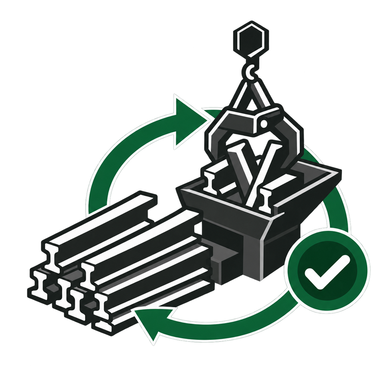 Recovered rails and recycling equipment surrounded by green arrows, representing responsible recycling